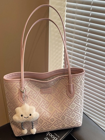 Borsa Tote in Tela da Donna di Grande Capacità Elegante Borsa a Spalla Jacquard Floreale Pendolare Con Ciondolo Nuvola