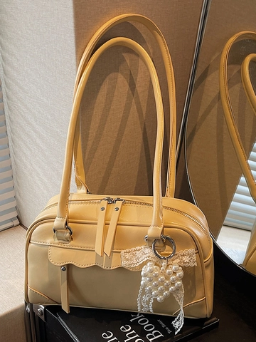 Women Retro PU Leather Shoulder Bag With Bow Pearl Charm Scalloped Edge Tote Underarm Bag For Daily Fashion Commuting