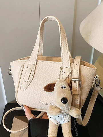 Bolso Bombonera de Cuero PU con Patrón de Lichi Estilo Coreano Retro Para Mujer Moda Simple Casual Bandolera Bolso de Mano Con Lindo Colgante de Felpa