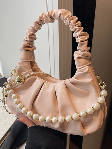Women Ruched Hobo Bag With Artificial Pearl Chain Minimalist Cloud Pleated Shoulder Bag Fashion PU Leather Crossbody Bag Chic Handbag