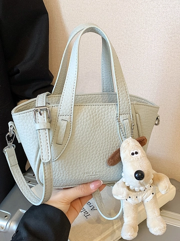 Bolso Bombonera de Cuero PU con Patrón de Lichi Estilo Coreano Retro Para Mujer Moda Simple Casual Bandolera Bolso de Mano Con Lindo Colgante de Felpa