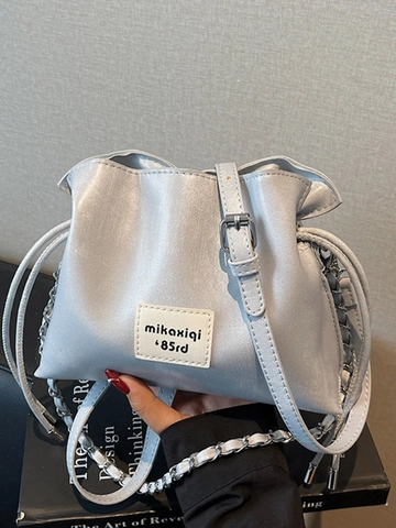 Fashion PU Leather Drawstring Bucket Bag For Women Urban Minimalist Chain Strap Shoulder Bag Solid Color Casual Crossbody Bag