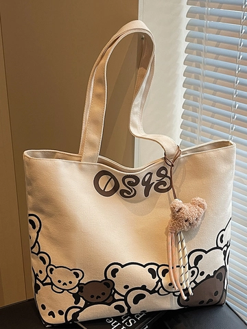 Borsa Tote in Tela da Donna Grande Capacità Con Stampa Orso Carino Borsa a Tracolla Con Ciondolo in Peluche Pendolare Studenti Scuola