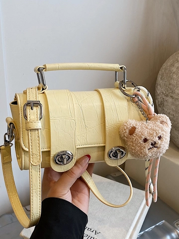 Damen Krokodil Geprägt PU Leder Umhängetasche Urban Minimalistisch Quadratisch Crossbody Tasche Mit Bär Anhänger Handtasche