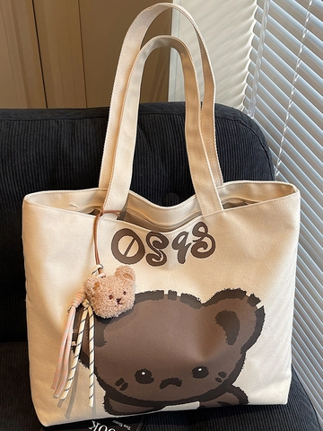Borsa Tote in Tela da Donna Grande Capacità Con Stampa Orso Carino Borsa a Tracolla Con Ciondolo in Peluche Pendolare Studenti Scuola