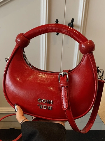 Bolso de Hombro de Media Luna de Cuero PU Brillante para Mujer Mango Anudado de Moda Bolso de Axila Ajustable Color Sólido