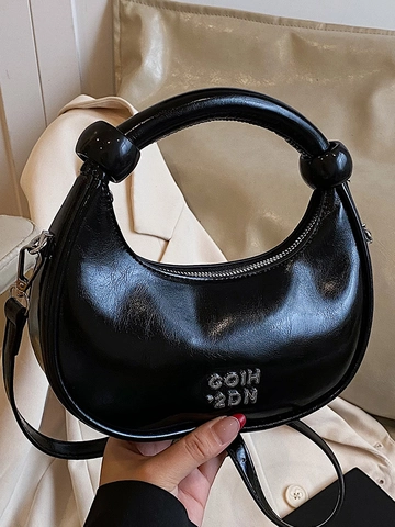 Bolso de Hombro de Media Luna de Cuero PU Brillante para Mujer Mango Anudado de Moda Bolso de Axila Ajustable Color Sólido