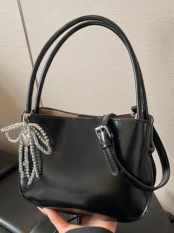 Trendy PU Leather Underarm Bucket Bag For Women Korean Style Simple Shoulder Bag With Beaded Butterfly Bow Pendant Handbag