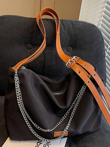 Borsa Tote in Tessuto Nero di Grande Capacità Minimalista Con Tracolla in Pelle Catena Argento Urban Casual Borsa Donna
