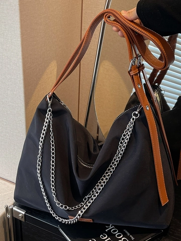 Borsa Tote in Tessuto Nero di Grande Capacità Minimalista Con Tracolla in Pelle Catena Argento Urban Casual Borsa Donna