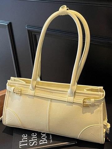 Women Vintage PU Leather Underarm Bag Pleated Large Capacity Shoulder Bag Solid Color Glossy Commuter Baguette Handbag