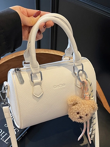 Women Pebbled PU Leather Boston Bag Cylindrical Shoulder Handbag With Detachable Strap And Bear Pendant Trendy Summer Purse