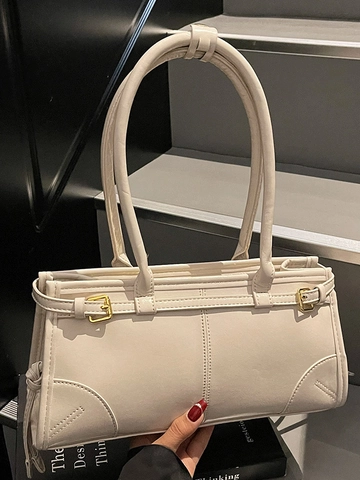 Women Vintage PU Leather Underarm Bag Pleated Large Capacity Shoulder Bag Solid Color Glossy Commuter Baguette Handbag