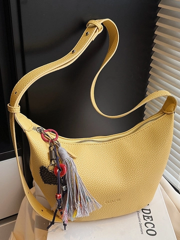 Damen Koreanisch Schlicht PU Leder Lychee Muster Hobo Tasche Mit Quastenanhänger Elegant Unterarm Schulter Messenger Bag