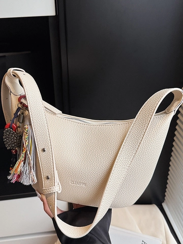 Damen Koreanisch Schlicht PU Leder Lychee Muster Hobo Tasche Mit Quastenanhänger Elegant Unterarm Schulter Messenger Bag