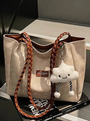 Sac Fourre-Tout Femme Grande Capacité Style Coréen Cuir PU Sangles Tressées Imprimé Floral École Navettage Sac à Épaule Avec Pendentif Nuage
