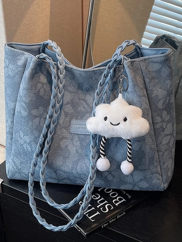 Sac Fourre-Tout Femme Grande Capacité Style Coréen Cuir PU Sangles Tressées Imprimé Floral École Navettage Sac à Épaule Avec Pendentif Nuage
