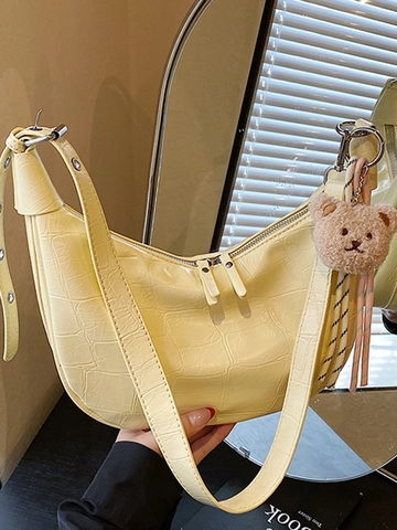 Borsa Hobo a Mezzaluna con Motivo Coccodrillo da Donna Borsa a Spalla in Pelle PU Moda Con Ciondolo Orsetto di Peluche