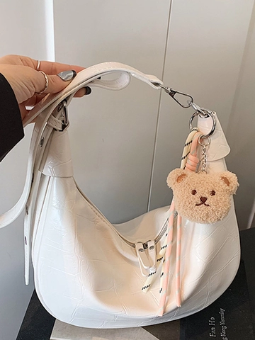 Borsa Hobo a Mezzaluna con Motivo Coccodrillo da Donna Borsa a Spalla in Pelle PU Moda Con Ciondolo Orsetto di Peluche
