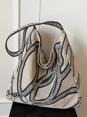 Grand Sac Fourre-tout en Toile pour Femmes Sac à Bandoulière Décontracté Motif Géométrique de Chaîne Sac à Main Hobo de Navettage