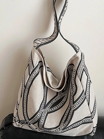 Grand Sac Fourre-tout en Toile pour Femmes Sac à Bandoulière Décontracté Motif Géométrique de Chaîne Sac à Main Hobo de Navettage