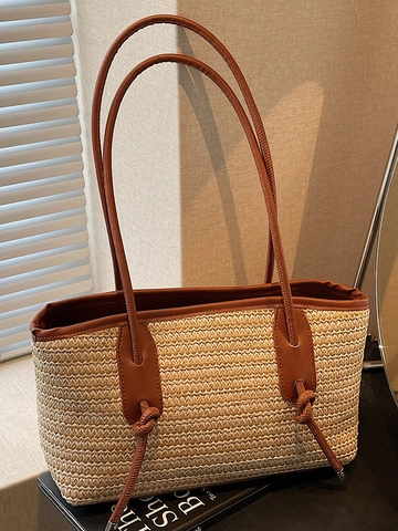 Bohemian Straw Woven Tote Bag Large Capacity Women Shoulder Bag Summer Beach Vacation Mori Style Contrast Color Handbag