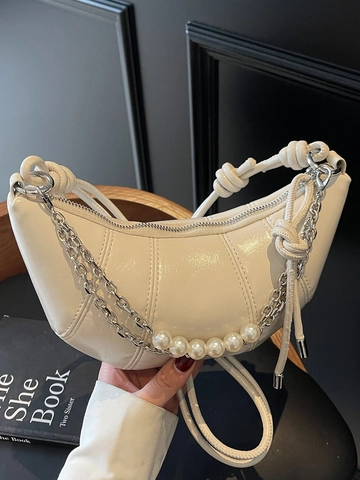 Women Pleated PU Leather Shoulder Bag With Artificial Pearl Chain Crescent Hobo Bag Fashion Crossbody Bag For Daily Commuting