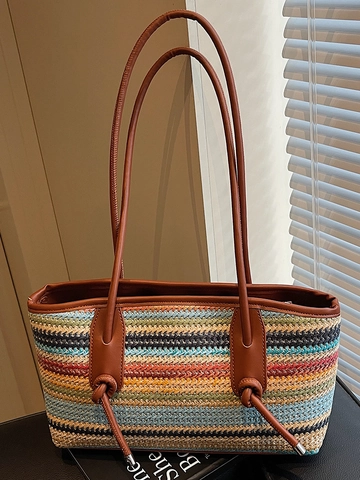 Bohemian Straw Woven Tote Bag Large Capacity Women Shoulder Bag Summer Beach Vacation Mori Style Contrast Color Handbag