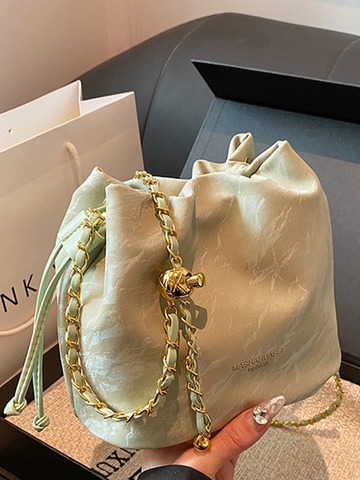 Borsa a Secchiello da Donna in Pelle PU Motivo Marmorizzato Pieghe Coulisse Catena Tracolla Piccola Borsa Quadrata Moda