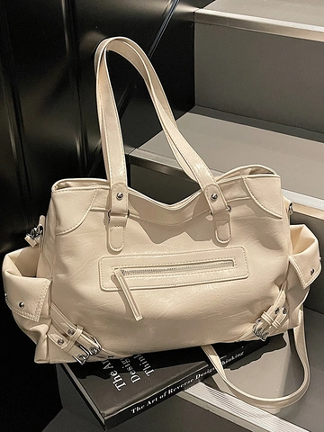 Bolso Tote de Cuero PU de Gran Capacidad para Mujer Estilo Motocicleta Vintage Bolso de Hombro Con Remaches y Cremalleras para Diario