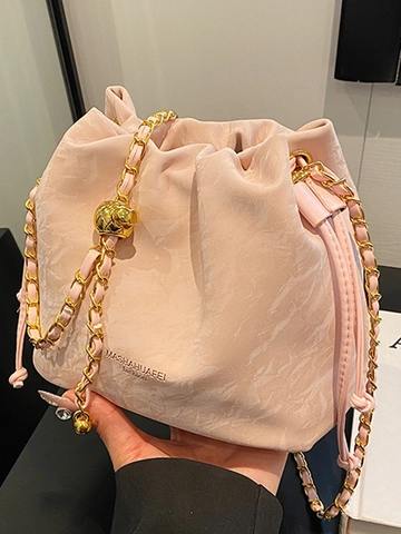 Borsa a Secchiello da Donna in Pelle PU Motivo Marmorizzato Pieghe Coulisse Catena Tracolla Piccola Borsa Quadrata Moda