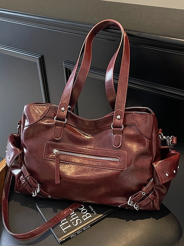 Bolso Tote de Cuero PU de Gran Capacidad para Mujer Estilo Motocicleta Vintage Bolso de Hombro Con Remaches y Cremalleras para Diario