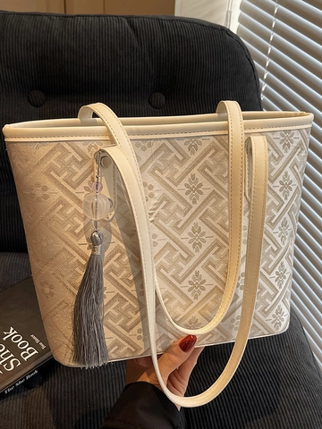 Damen Große Kapazität Tragetasche Jacquard Geometrisches Mäandermuster Umhängetasche Mit Quastenanhänger Pendler Handtasche