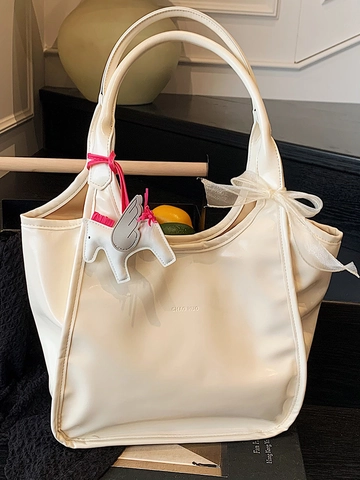 Borsa Tote da Donna a Grande Capacità Lucida in Pelle PU con Cera d'Olio Tracolla con Ciondolo a Cavallo Fiocco Moda Shopper Handbag