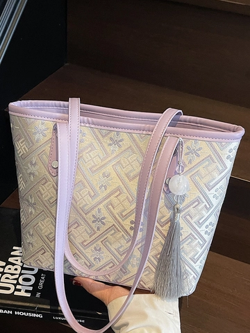 Damen Große Kapazität Tragetasche Jacquard Geometrisches Mäandermuster Umhängetasche Mit Quastenanhänger Pendler Handtasche