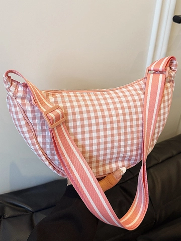 Damen Minimalistische Halbmond Umhängetasche Karomuster Stoff Hobo Tasche Mit Verstellbarem Gestreiftem Gurt Freizeit Crossbody Bag