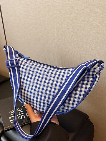 Damen Minimalistische Halbmond Umhängetasche Karomuster Stoff Hobo Tasche Mit Verstellbarem Gestreiftem Gurt Freizeit Crossbody Bag