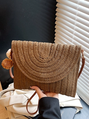 Women Summer Straw Woven Crossbody Bag Vacation Beach Shoulder Handbag Urban Minimalist Square Envelope Bag With Pom Pom
