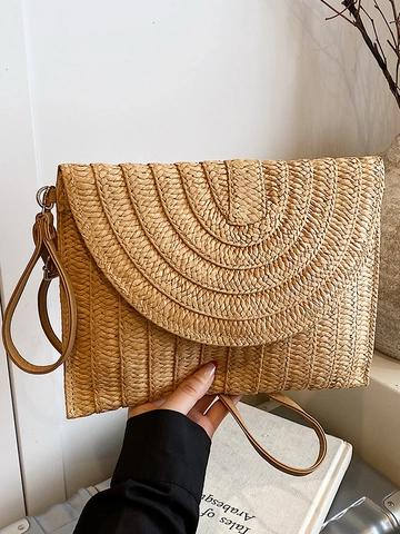 Women Summer Straw Woven Crossbody Bag Vacation Beach Shoulder Handbag Urban Minimalist Square Envelope Bag With Pom Pom