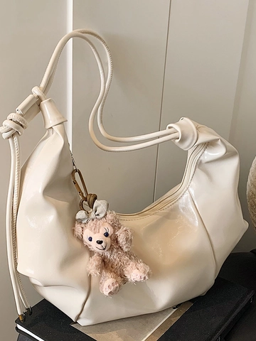 Sac à Épaule Femmes Grande Capacité Cuir PU Style Coréen Rétro Simple Couleur Unie Sac Cabas Avec Pendentif Ours Sac Sous le Bras