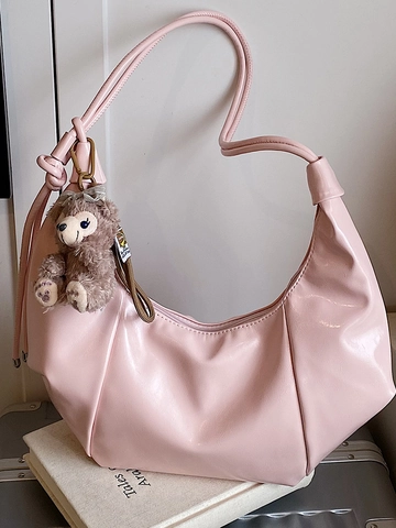 Sac à Épaule Femmes Grande Capacité Cuir PU Style Coréen Rétro Simple Couleur Unie Sac Cabas Avec Pendentif Ours Sac Sous le Bras