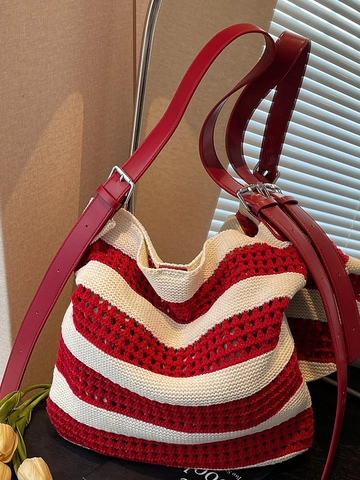 Gestreifte Strick Häkeln Tote Tasche Für Damen Handgewebte Schulter Strand Urlaub Tasche Lässig Offen Gewebte Baumwollmischung Handtasche