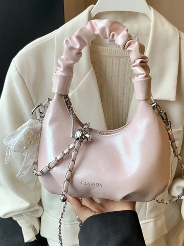 Bolso de Hombro Hobo Plisado para Mujer Cuero PU Bolso Nube Con Asa Scrunchie y Colgante de Perla Artificial Bolso de Moda