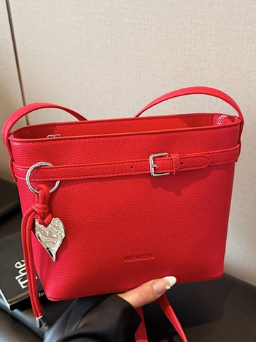 Women Litchi Texture PU Leather Bucket Bag Minimalist Shoulder Bag With Belt Buckle Heart Pendant Daily Crossbody Handbag