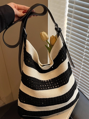 Gestreifte Strick Häkeln Tote Tasche Für Damen Handgewebte Schulter Strand Urlaub Tasche Lässig Offen Gewebte Baumwollmischung Handtasche