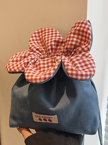 Simpatica Borsa a Tracolla a Secchiello Con Coulisse a Fiore per Donna in Denim Tela Gingham a Forma di Petalo Piccola Borsa