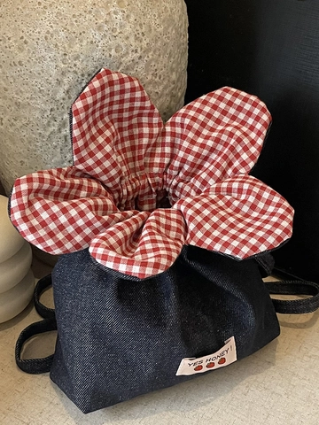 Simpatica Borsa a Tracolla a Secchiello Con Coulisse a Fiore per Donna in Denim Tela Gingham a Forma di Petalo Piccola Borsa