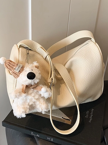 Borsa a Spalla Vintage in Pelle PU Trama Litchi per Donna Casual Urban Minimalista Borsa Hobo Con Portachiavi Orso
