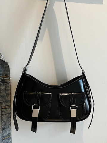 Bolso de Axila de Cuero PU Brillante Elegante para Mujer Bolso de Hombro de Moda con Doble Bolsillo Minimalista Color Sólido