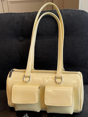 Vintage Women Underarm Shoulder Bag PU Leather Cylindrical Totebag With Double Flap Pockets Solid Color Commuting Bag